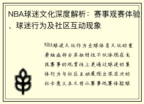 NBA球迷文化深度解析：赛事观赛体验、球迷行为及社区互动现象